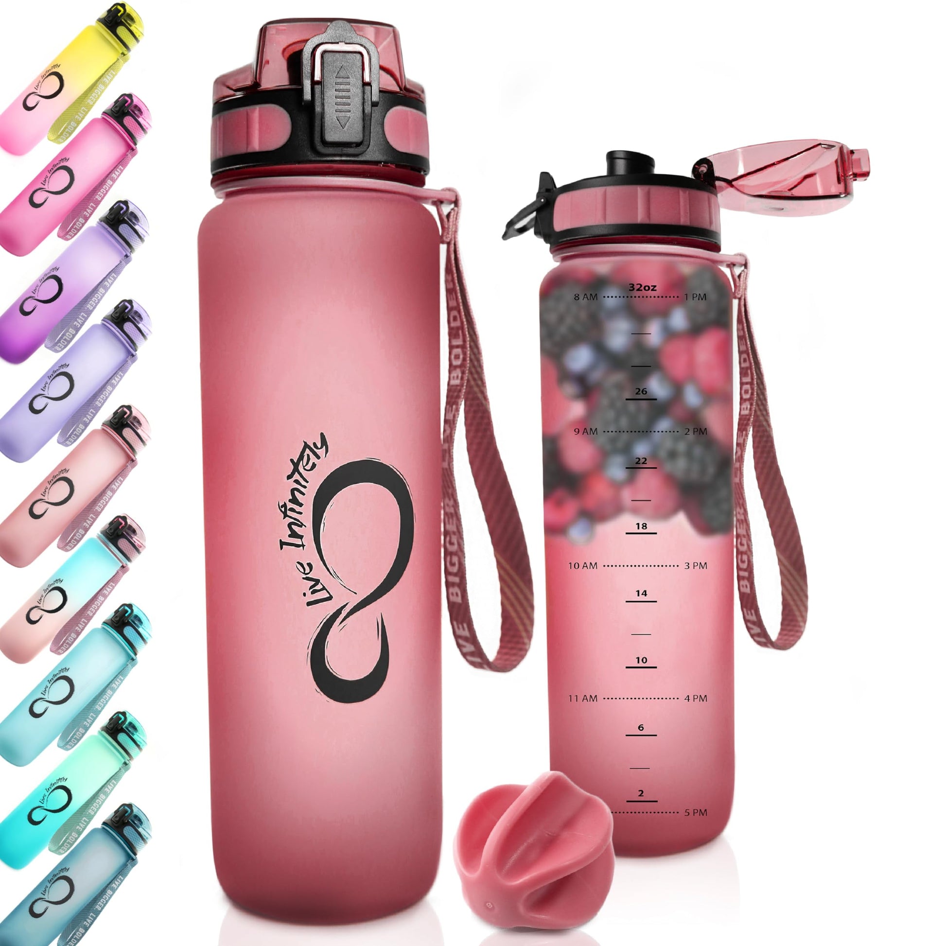 Gym Water Bottle with Time Marker Fruit Infuser and Shaker 34 Oz Amethyst